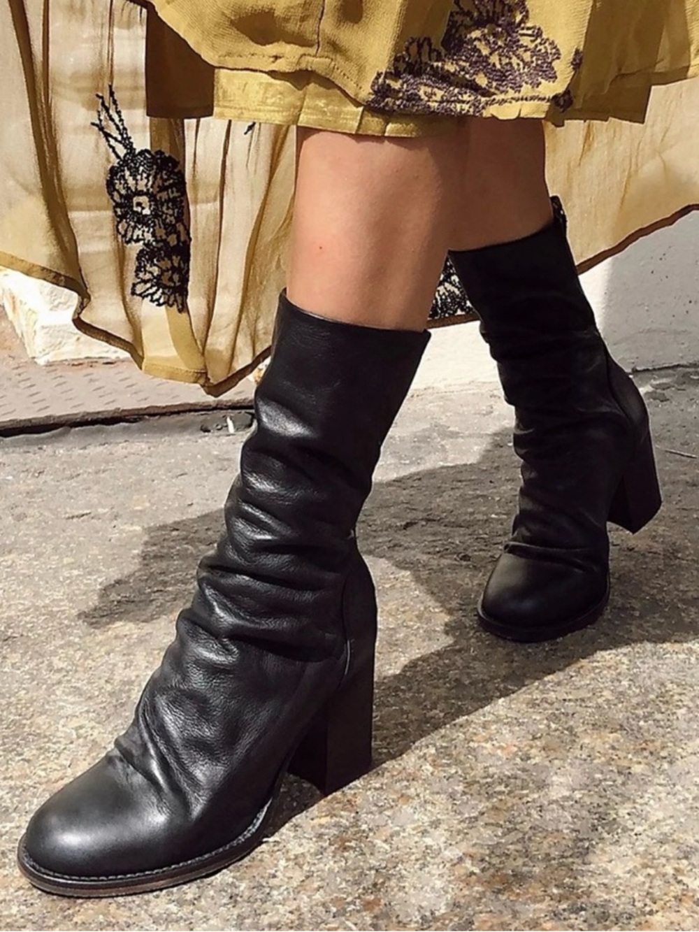 Free People Black Mid-Calf Leather Block Heel Boots